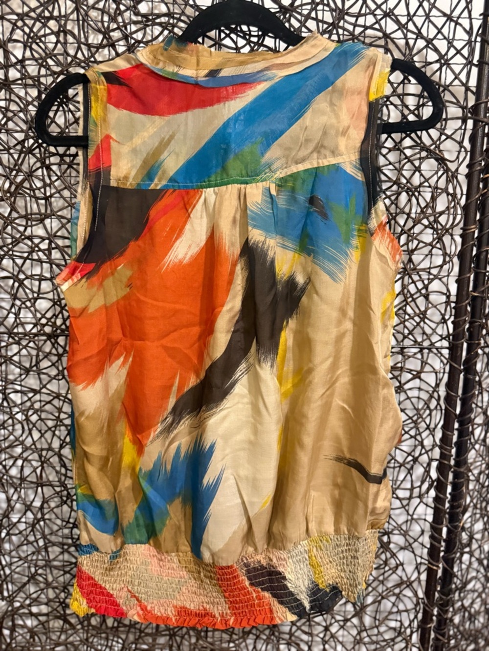 Silk Printed Brushstroke Blouse w/ Ruffle Neck Detail (0328) - Picture 3 of 5